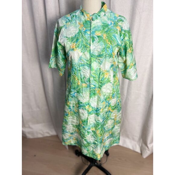 Vintage 1960s Mary Jean Atkins Green Floral Zip Lounge Dress Housecoat S - Picture 1 of 7